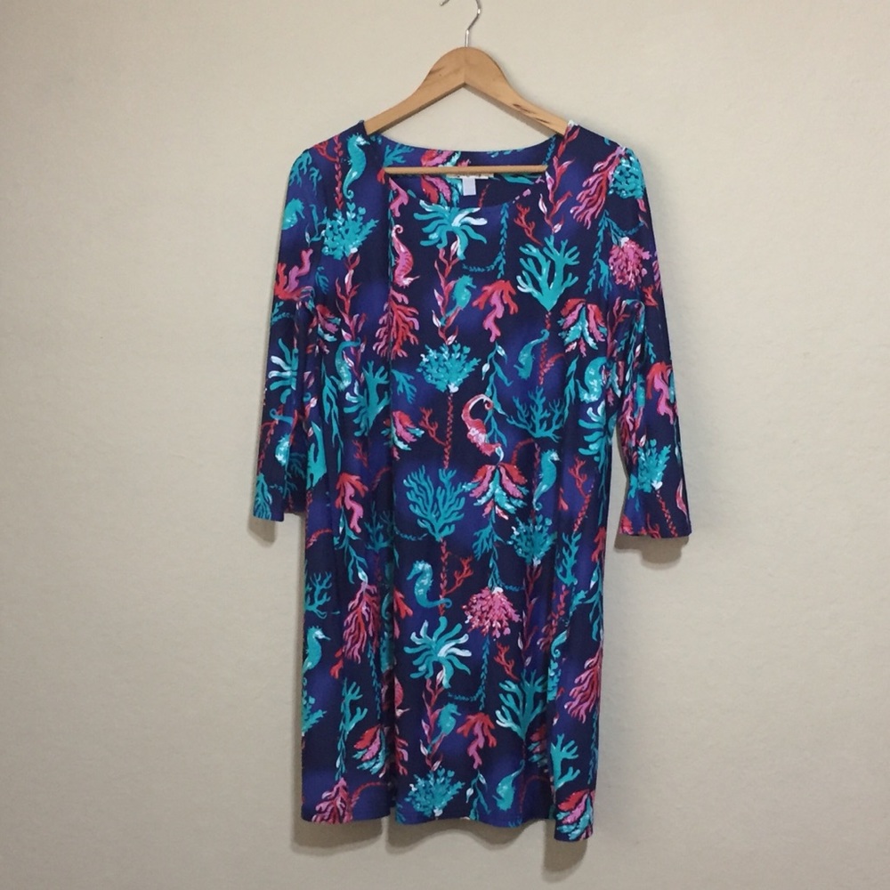 Aryeh 3/4 Sleeve Marine Print Nylon Knit Dress Lrg